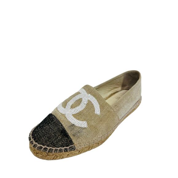 CHANEL Beige Black CC Toile Canvas Sequin Espadrilles Flats Size 37 US 7 - Picture 2 of 9